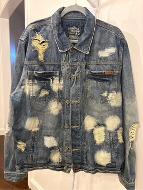 Distressed Blue Denim Jacket - Men's Oversized Trucker